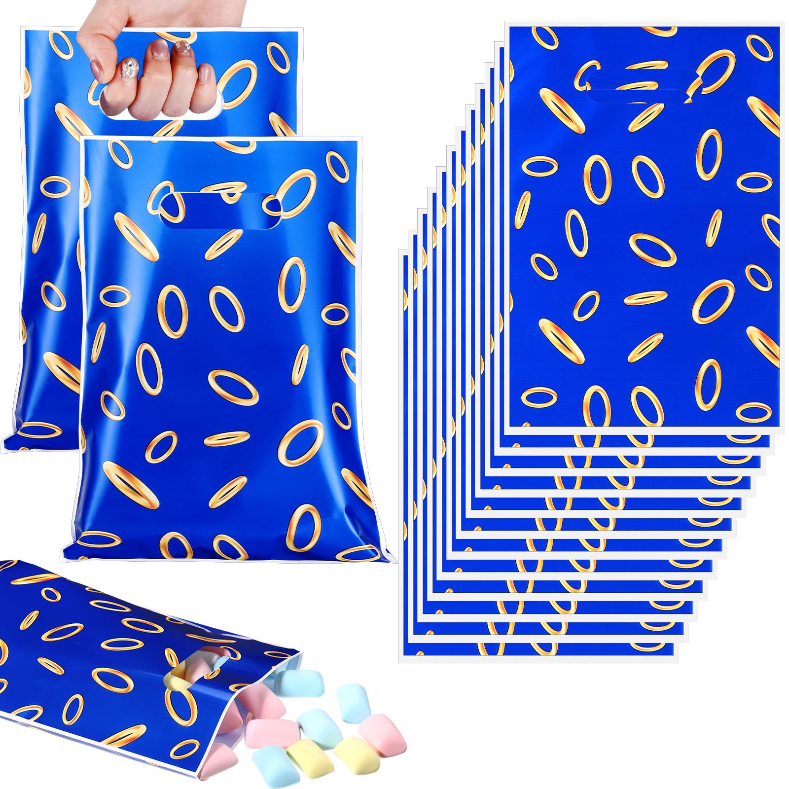 Clysee video game favors blue bags with gold ring print for easy candy packaging.