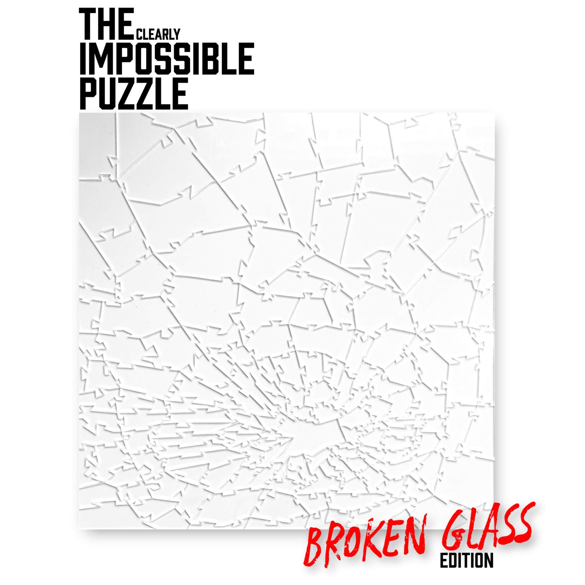CM Originals Broken Glass Puzzle shows see-through pieces complicating front-back placement for added difficulty.