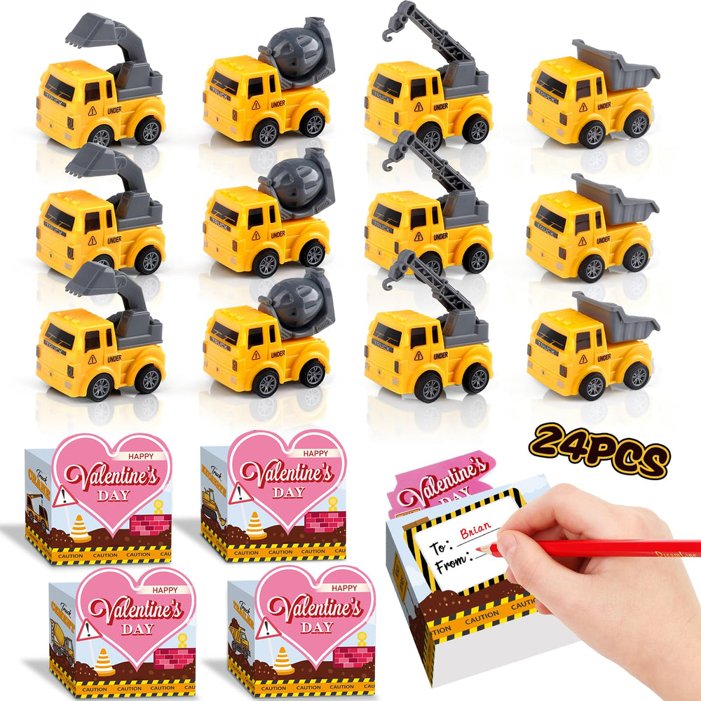 Cmiolacuna Valentines construction vehicles 24-pack box for classroom gift exchanges.