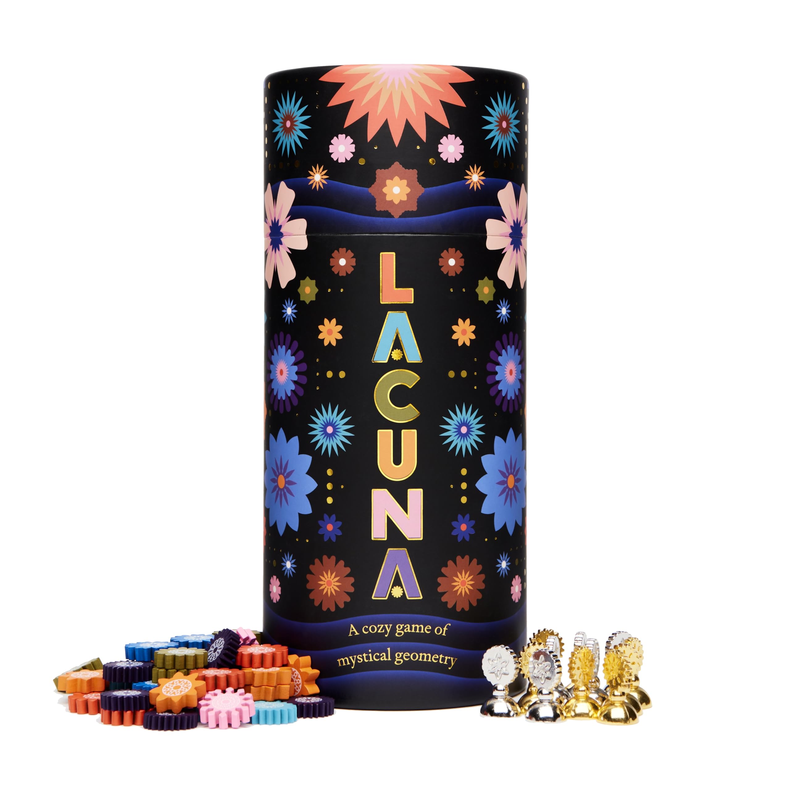 CMYK Lacuna board game box cover featuring mystical geometry and soft colors.