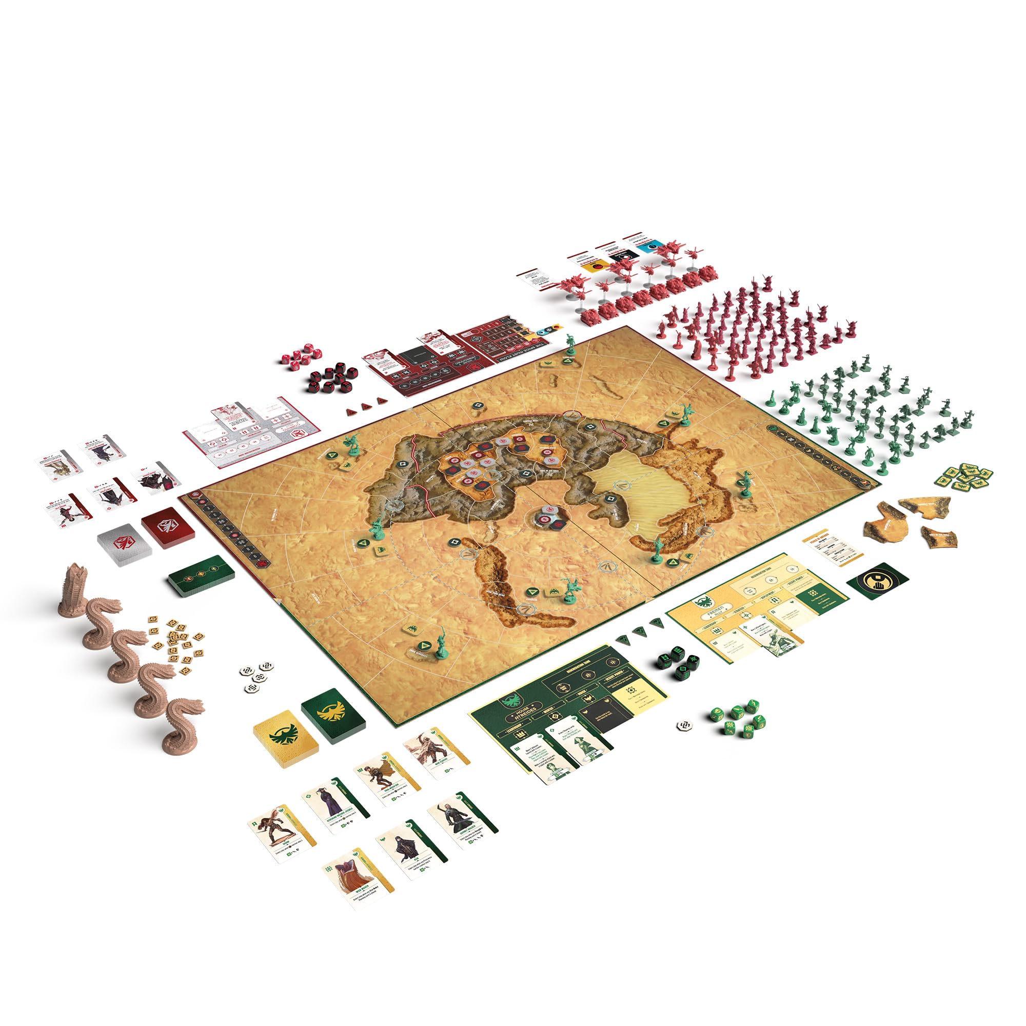 CMON Dune War for Arrakis leaders and planning cards in vivid display for quick visual reference