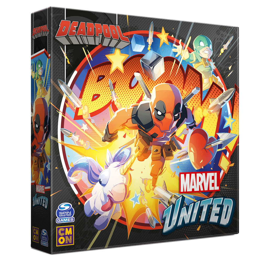CMON Marvel United Deadpool Expansion cover art showcasing chaotic, exciting tabletop action.