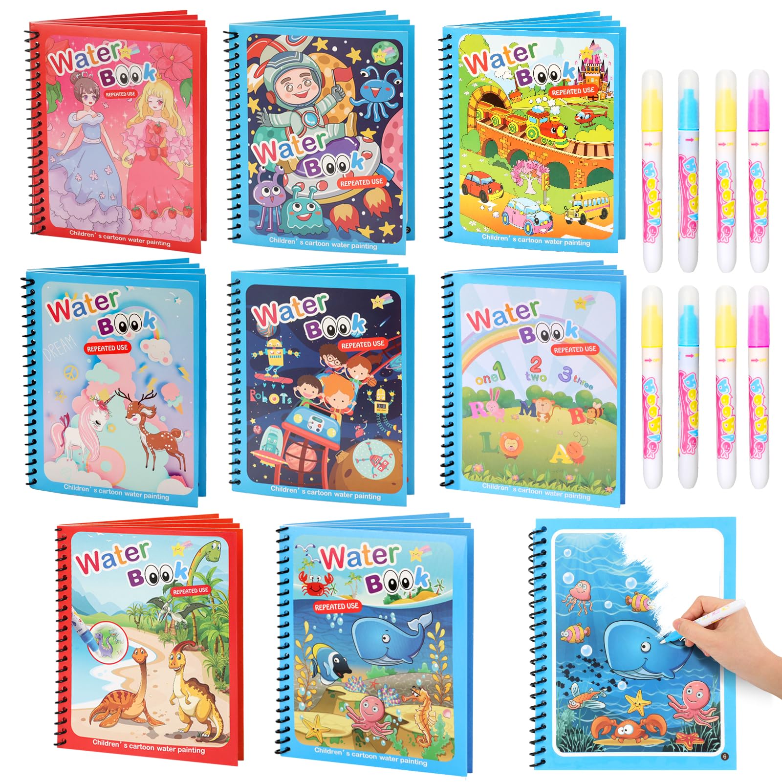 CMTOOP 8-pack water coloring books for toddlers feature vibrant pages for mess-free learning.