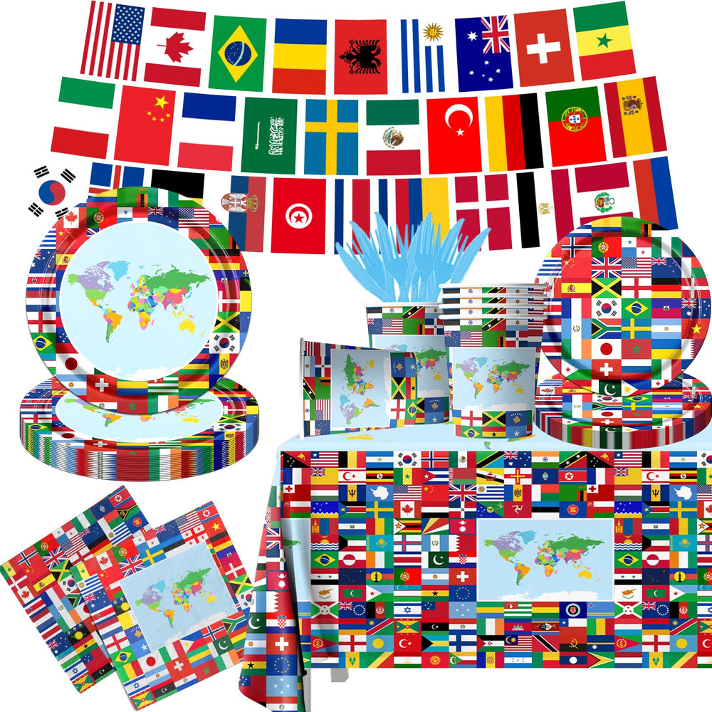 CMUSKO world flags plates provide vibrant color for a globe-trotter celebration and easy cleanup.