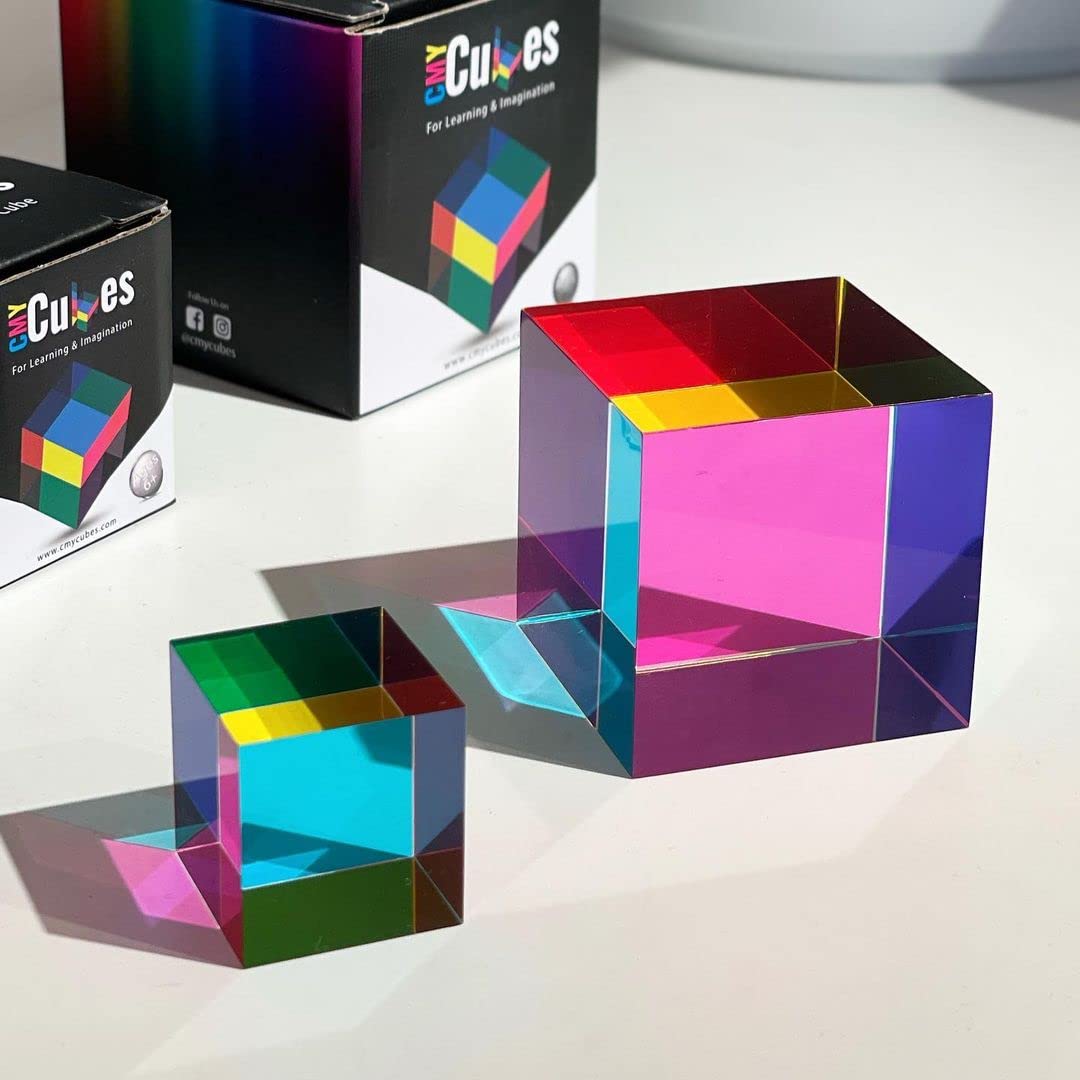 CMY Cubes Mini 30mm cyan-magenta-yellow sides illustrate subtractive color mixing