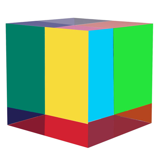 CMYCUBE CMY color cube close-up showing refraction for vibrant color viewing.
