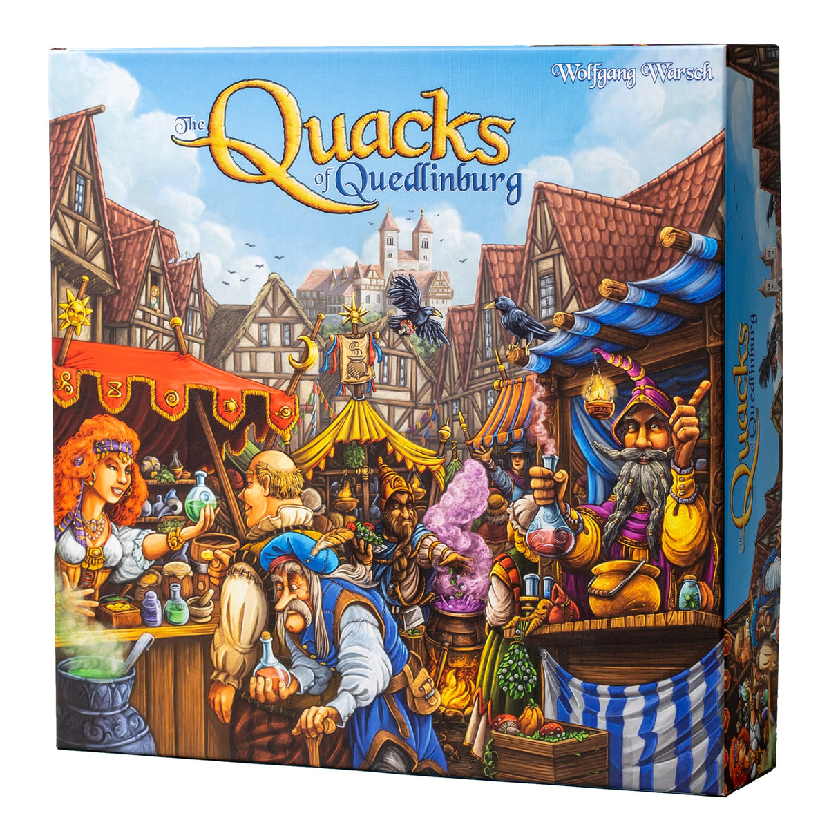 CMYK Quacks of Quedlinburg setup with colorful potion ingredients for family-friendly play.