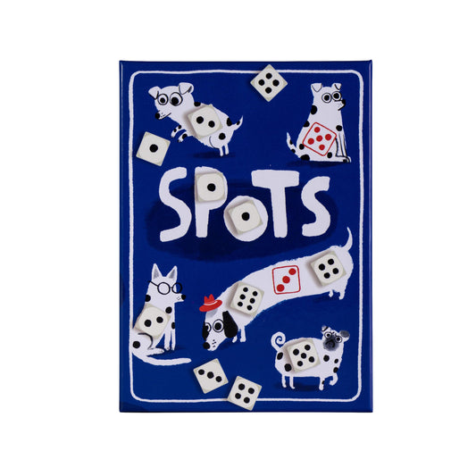 CMYK Spots Dice Game: dogs and dice layout for family-friendly fun and quick setup.