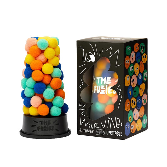 CMYK The Fuzzies tower close-up with colorful fuzzballs, highlighting balance and stacking fun.