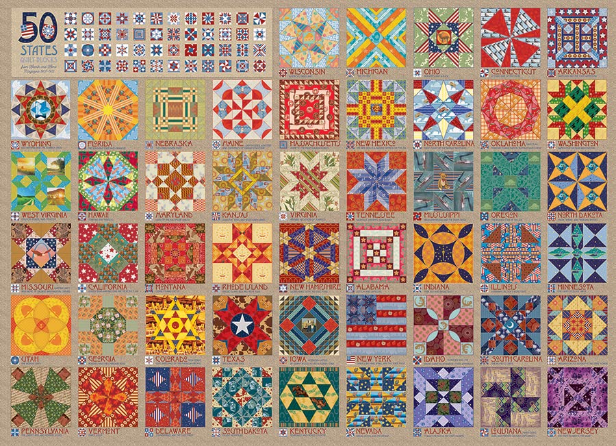 Cobble Hill 1000-piece puzzle box front showing 50 states quilt blocks