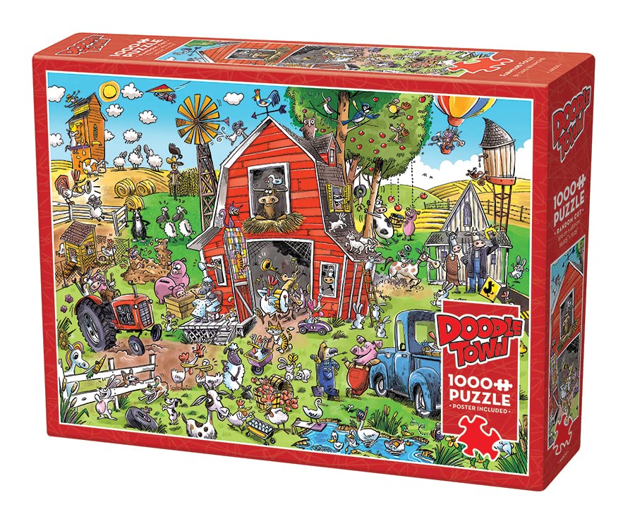 Cobble Hill DoodleTown Farmyard Folly puzzle pieces for a playful family challenge.