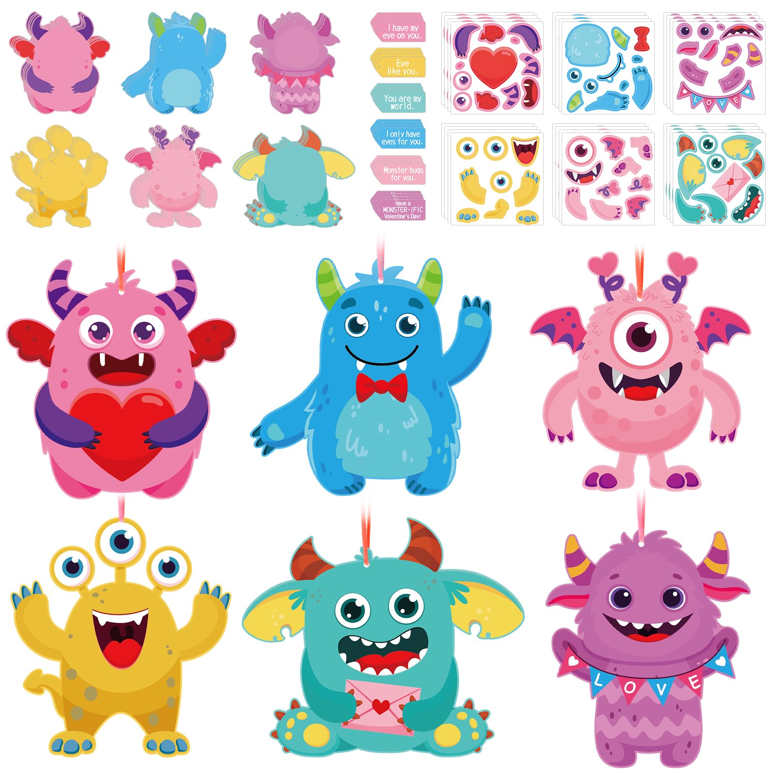 Cochie 24-set Valentine monster card kit for kids for classroom crafts