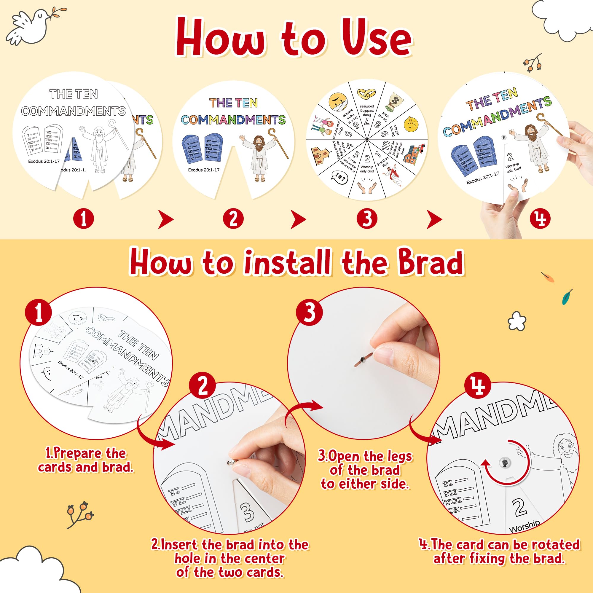 COcnny brads used for easy assembly and rotating card wheel