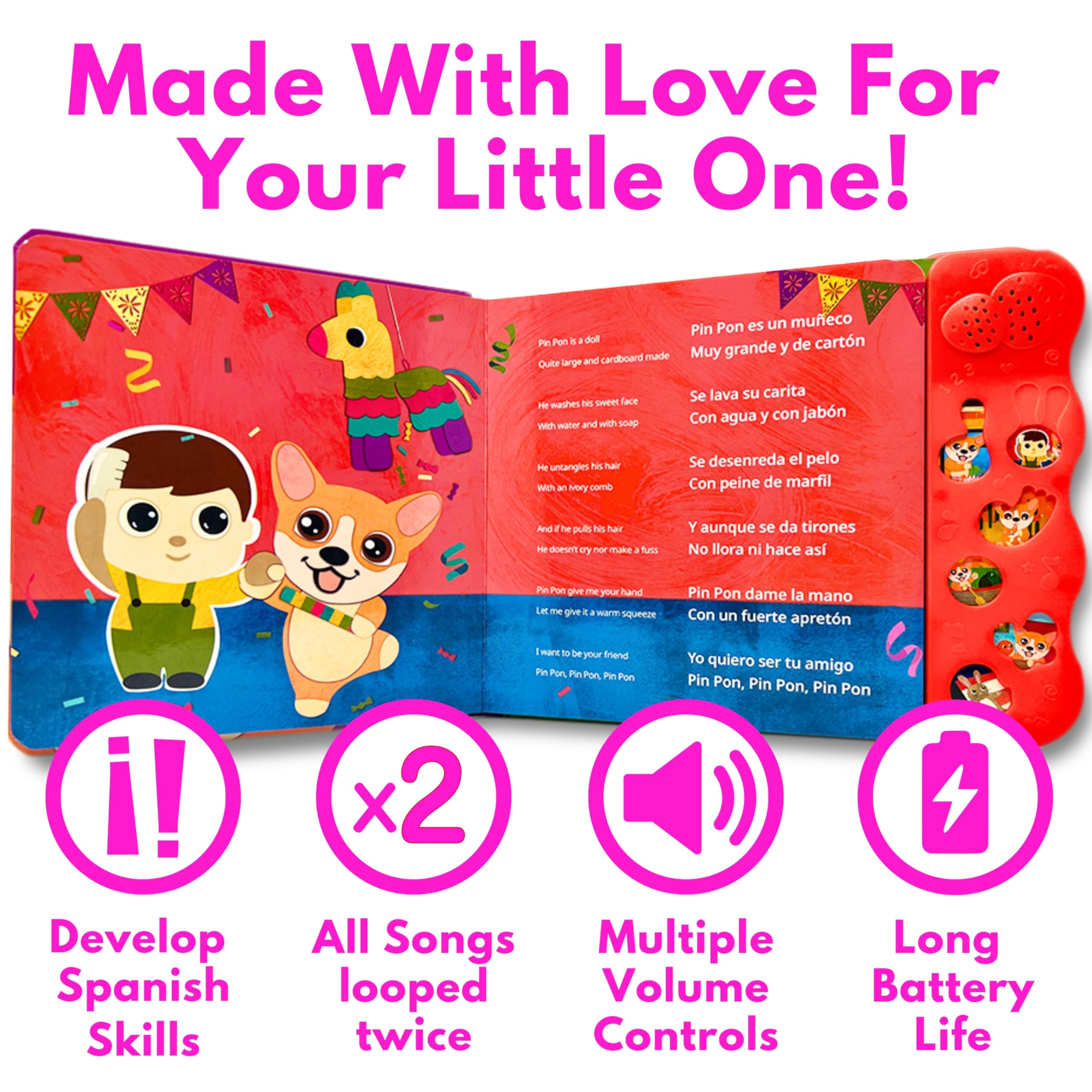 Coco Learns Spanish musical book in use by child for interactive song learning