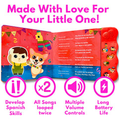 Coco Learns Spanish musical book in use by child for interactive song learning