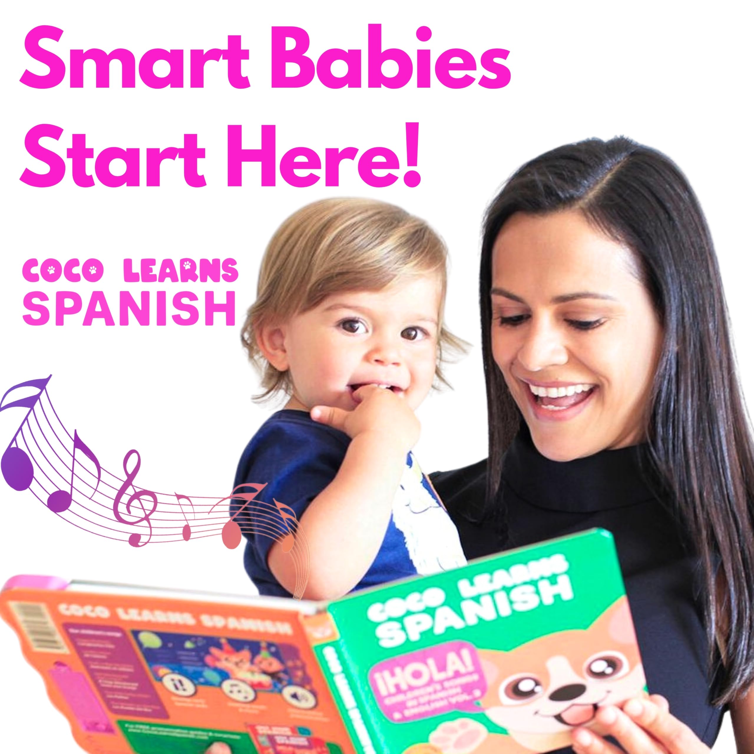 Coco Learns Spanish musical book side view highlighting durable board pages for babies