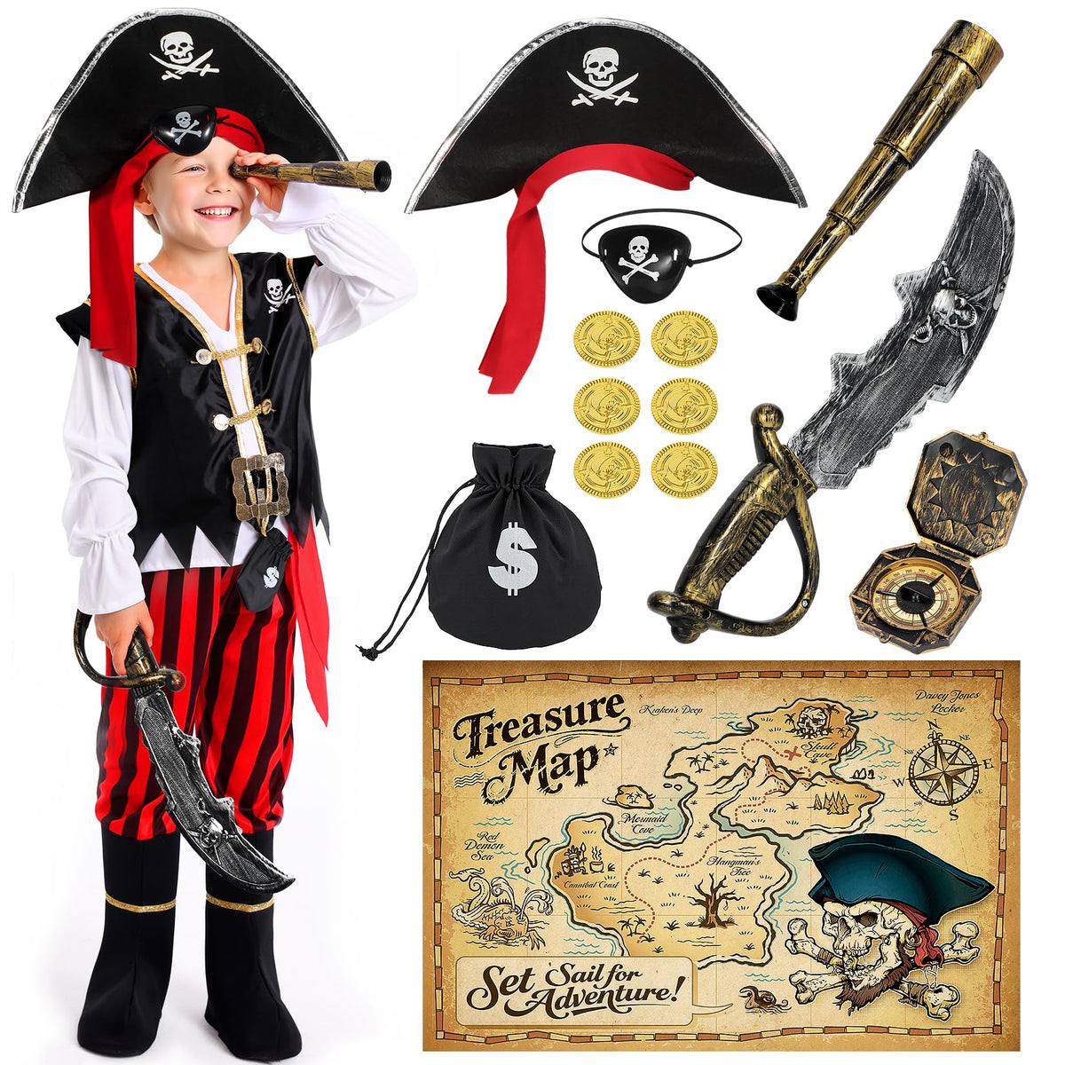 Cocojeci pirate costume box front, ready-to-gift adventure set for kids