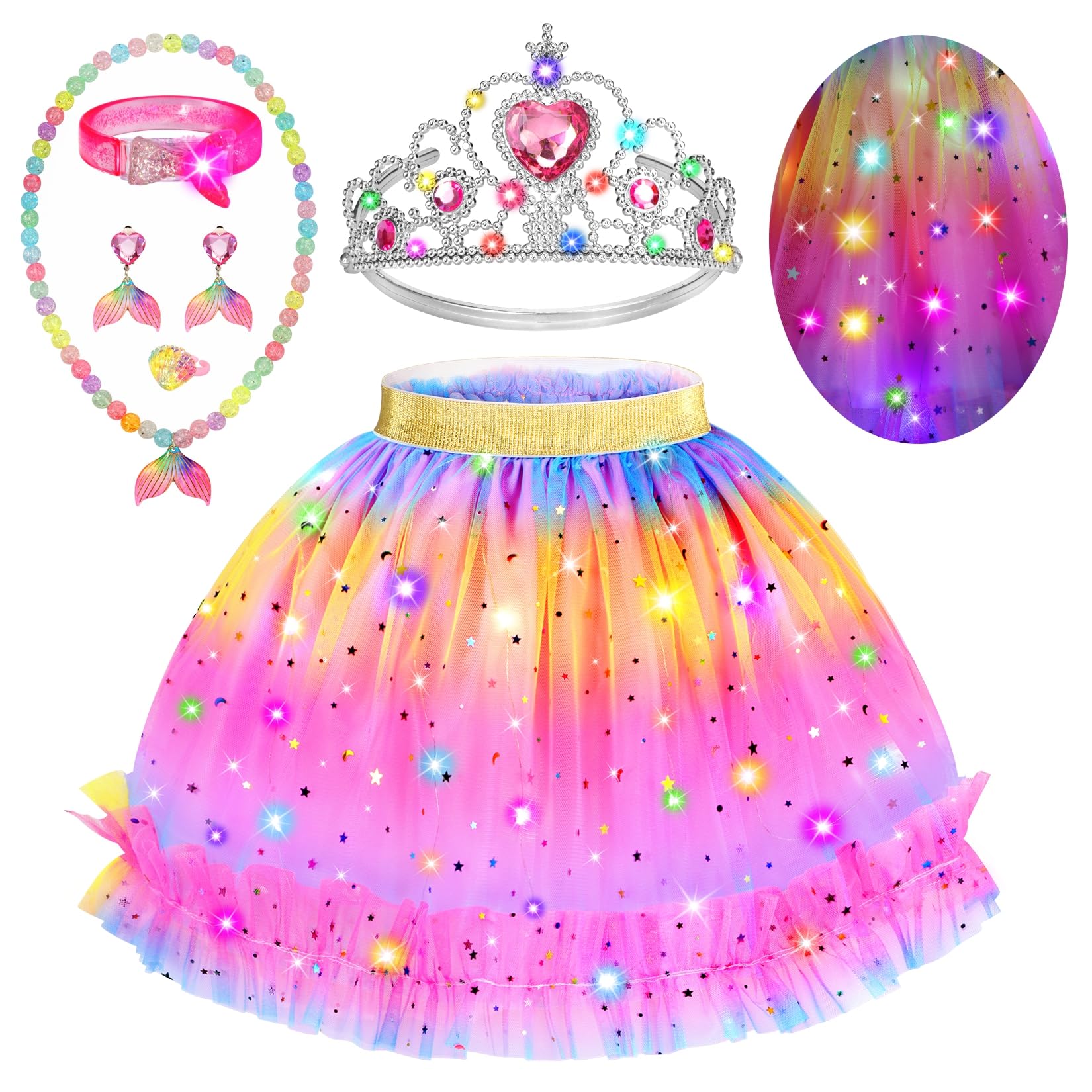 Cocojeci princess dress-up skirt with LED lights adds magical glow for pretend play.