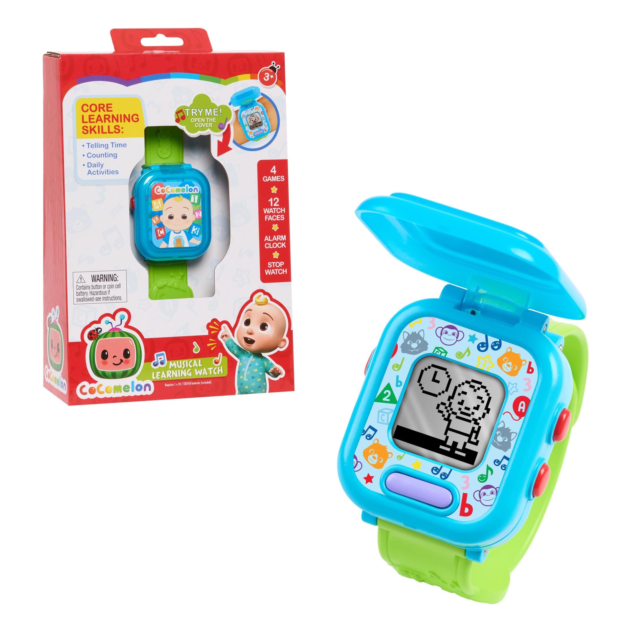 CoComelon JJ's Learning Watch front view showing kid-friendly design and interactive learning.