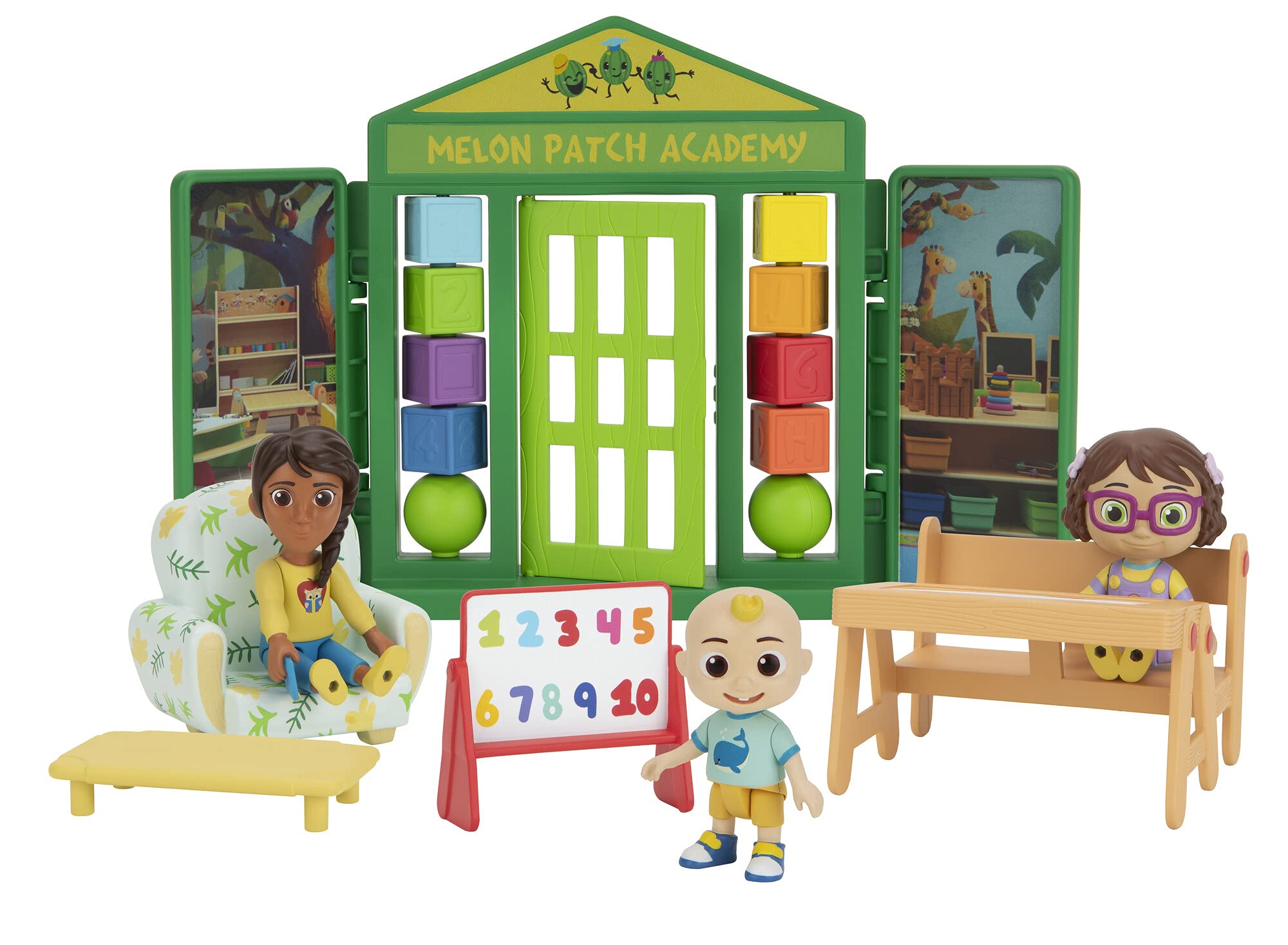 CoComelon figures JJ, Bella, and Ms Appleberry for imaginative play.