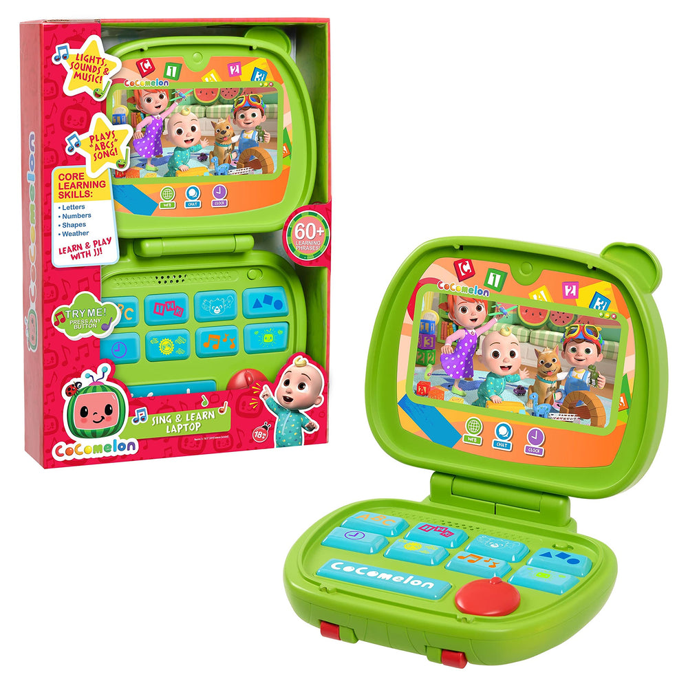 CoComelon Sing and Learn Laptop with foldable design supports imaginative pretend typing.