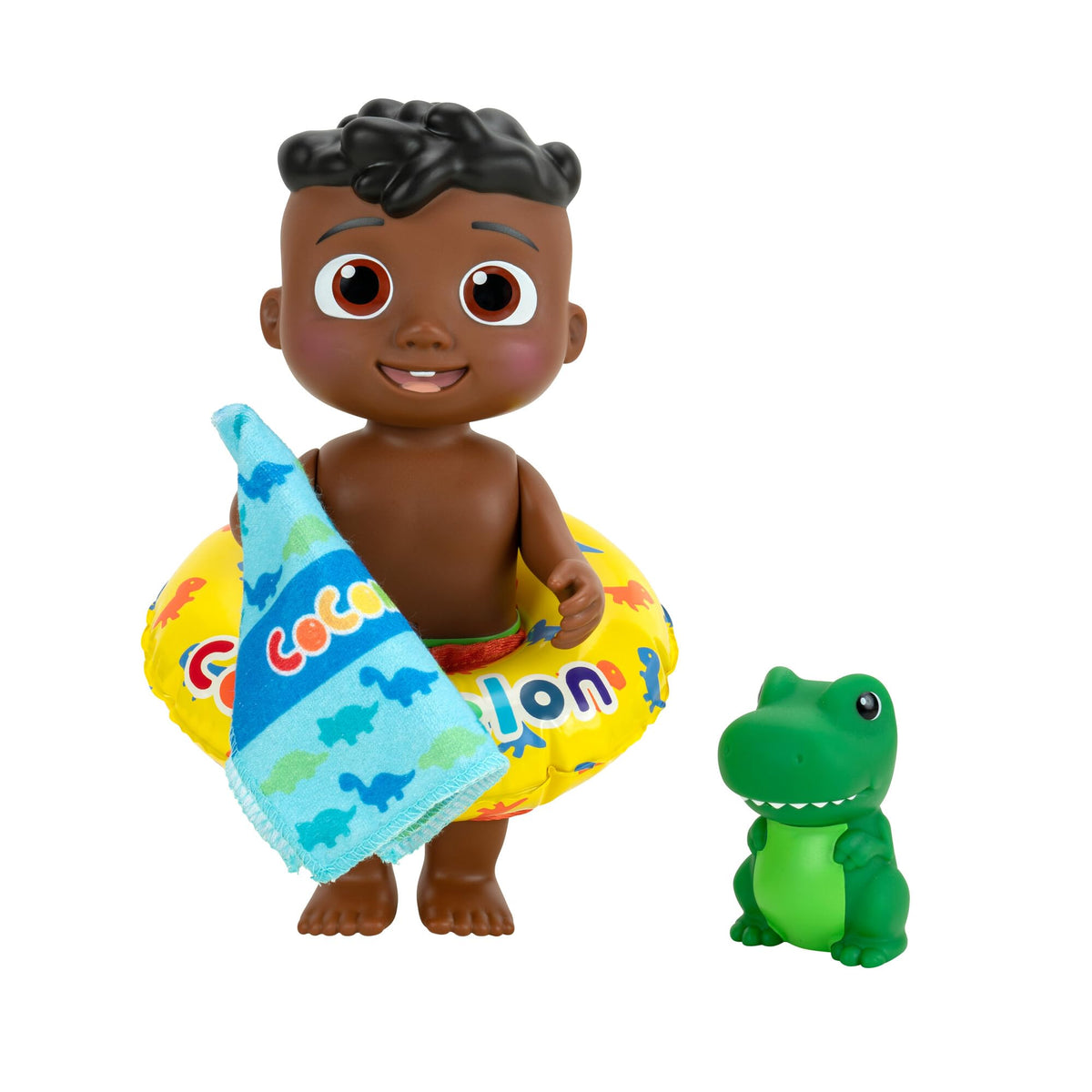 CoComelon Splish Splash Cody doll with swim trunks ready for pool play
