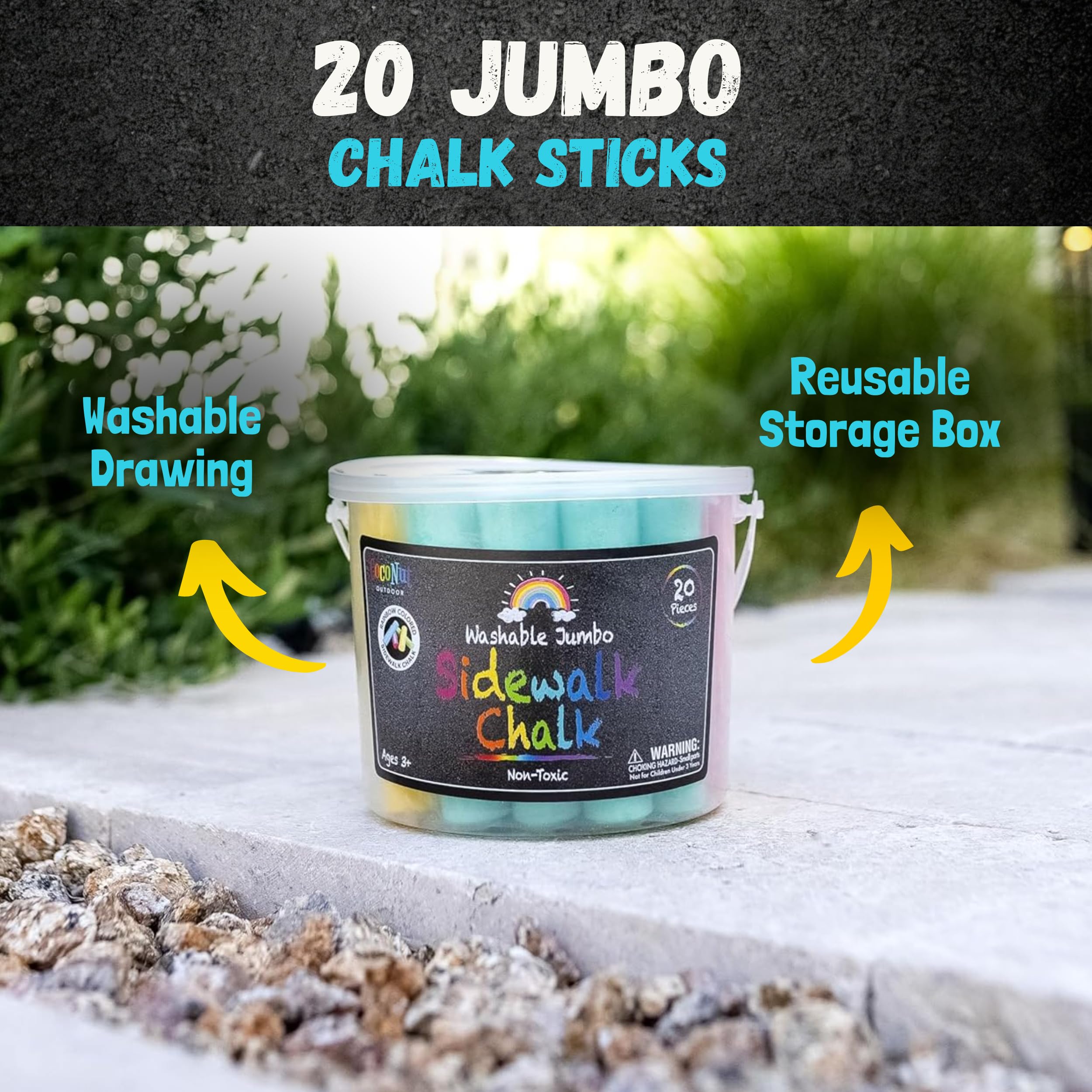 CocoNut Outdoor bright rainbow chalk provides washable, kid friendly outdoor painting sessions.