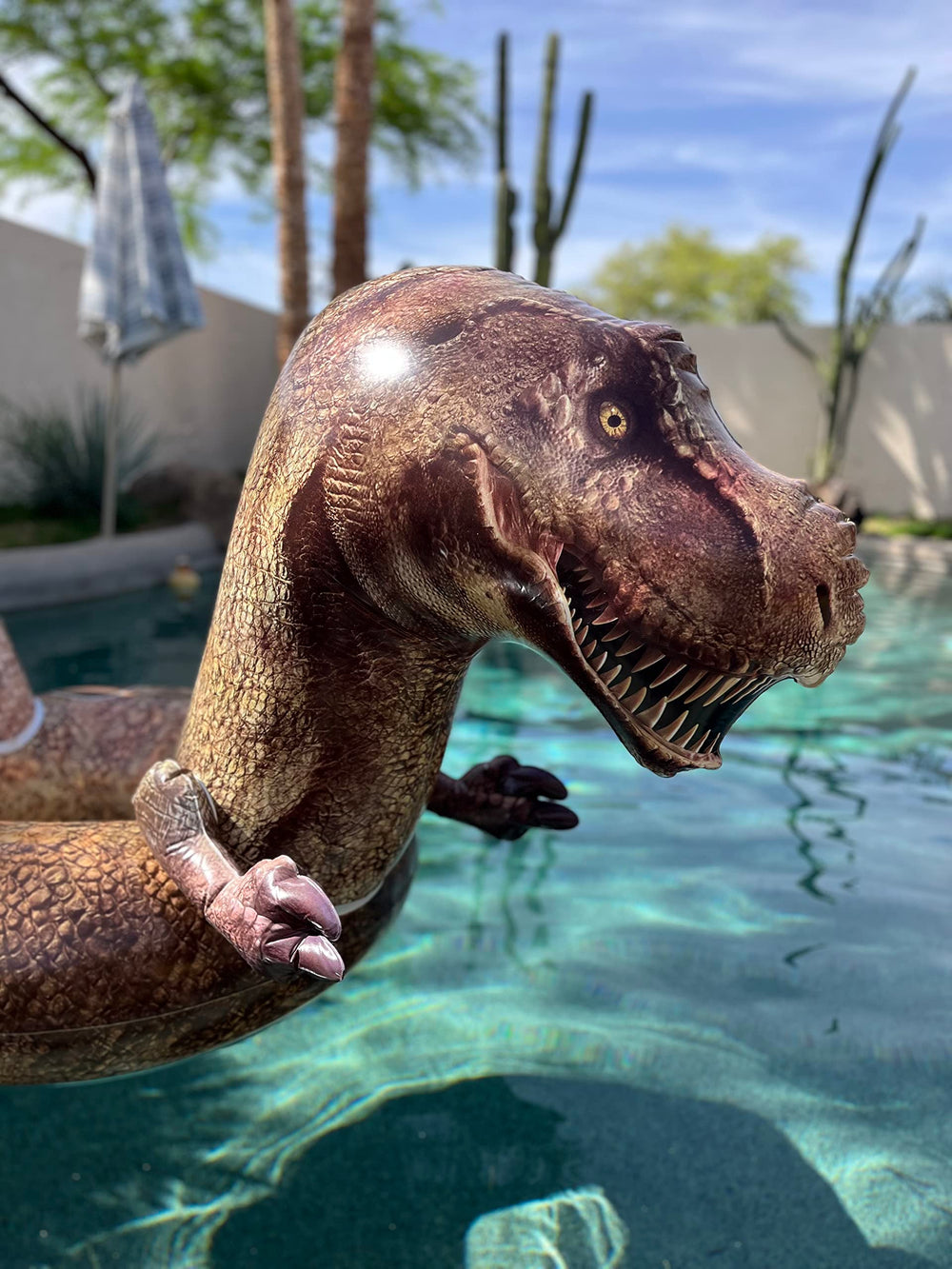 Coconut Float Tyrannosaurus Rex beach scene adds excitement.