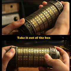 close-up of Cryptex cipher cylinder highlighting the six dials