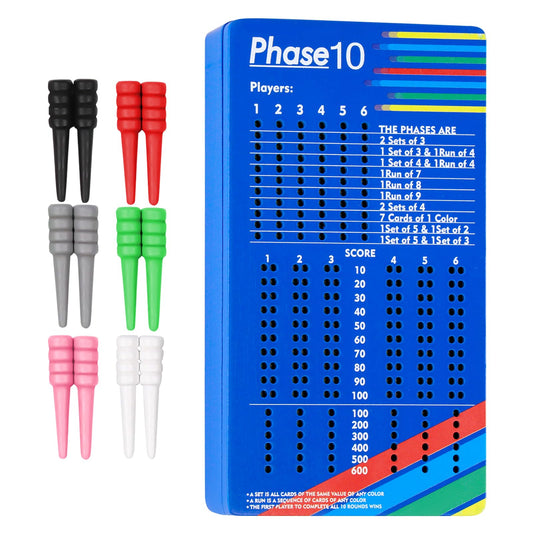 Cogniplay wooden score board for Phase 10 with pegs for clear score tracking.