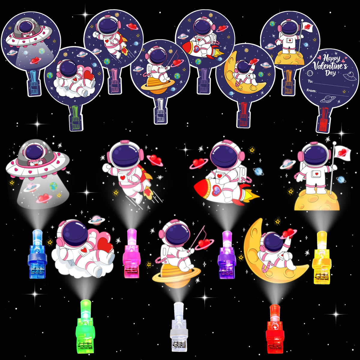 COKOKA finger lights with astronaut patterns glow for kids' party fun.