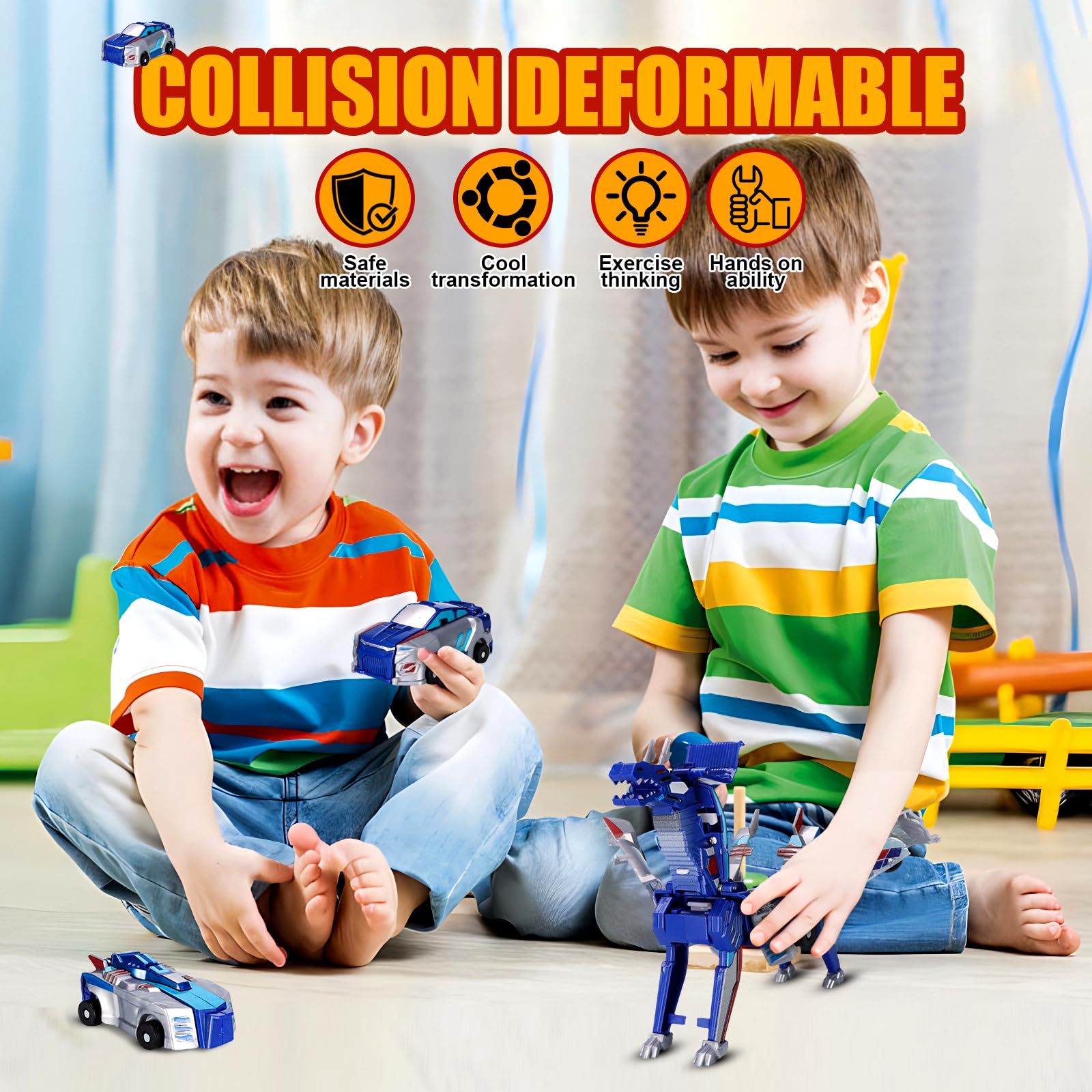 Collision Transforming Dinosaur Car Toy – blue dino suitable for indoor and outdoor play.