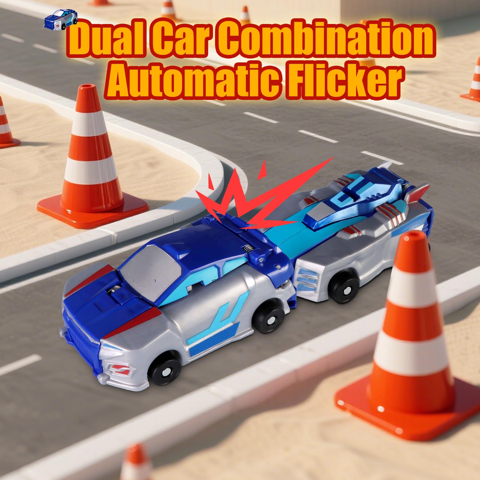 Collision Transforming Dinosaur Car Toy – blue dino transformation highlights magnetic crash for hands-on fun.
