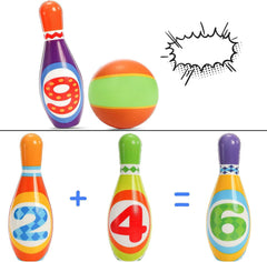 Coloch bowling set features soft foam with PU coating for durability.