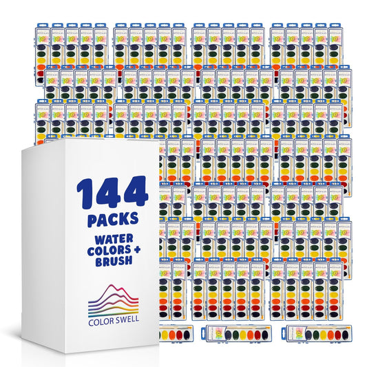 Color Swell 144-set bulk watercolor paints with cases and wood brushes for classroom use.