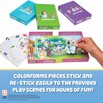 Colorforms Bluey sticker box packaging—compact, portable set for travel-friendly fun.