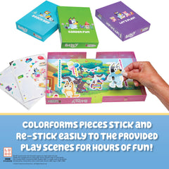 Colorforms Bluey sticker box packaging—compact, portable set for travel-friendly fun.
