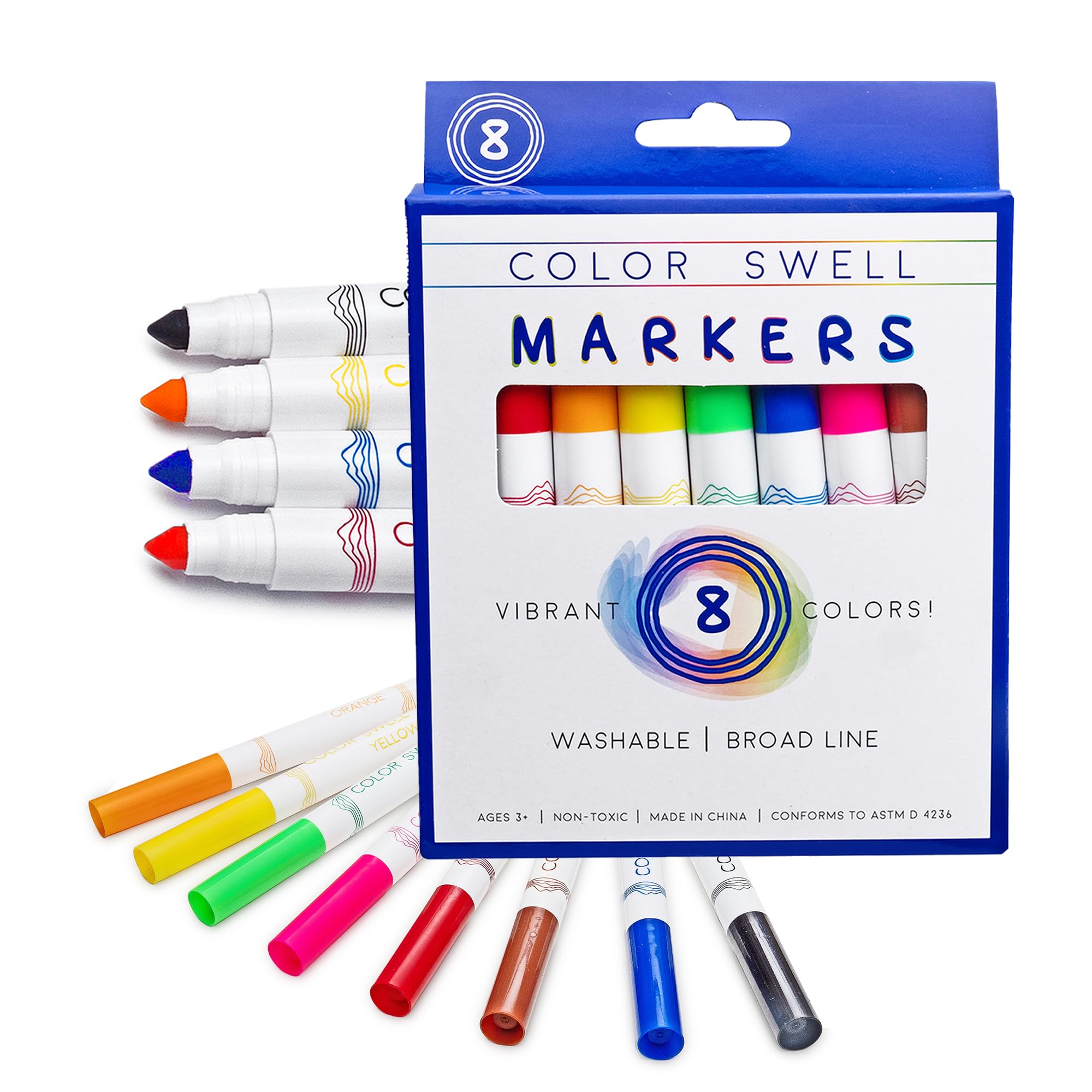 Color Swell 8-pack broad line markers in box for classroom creativity and easy access.