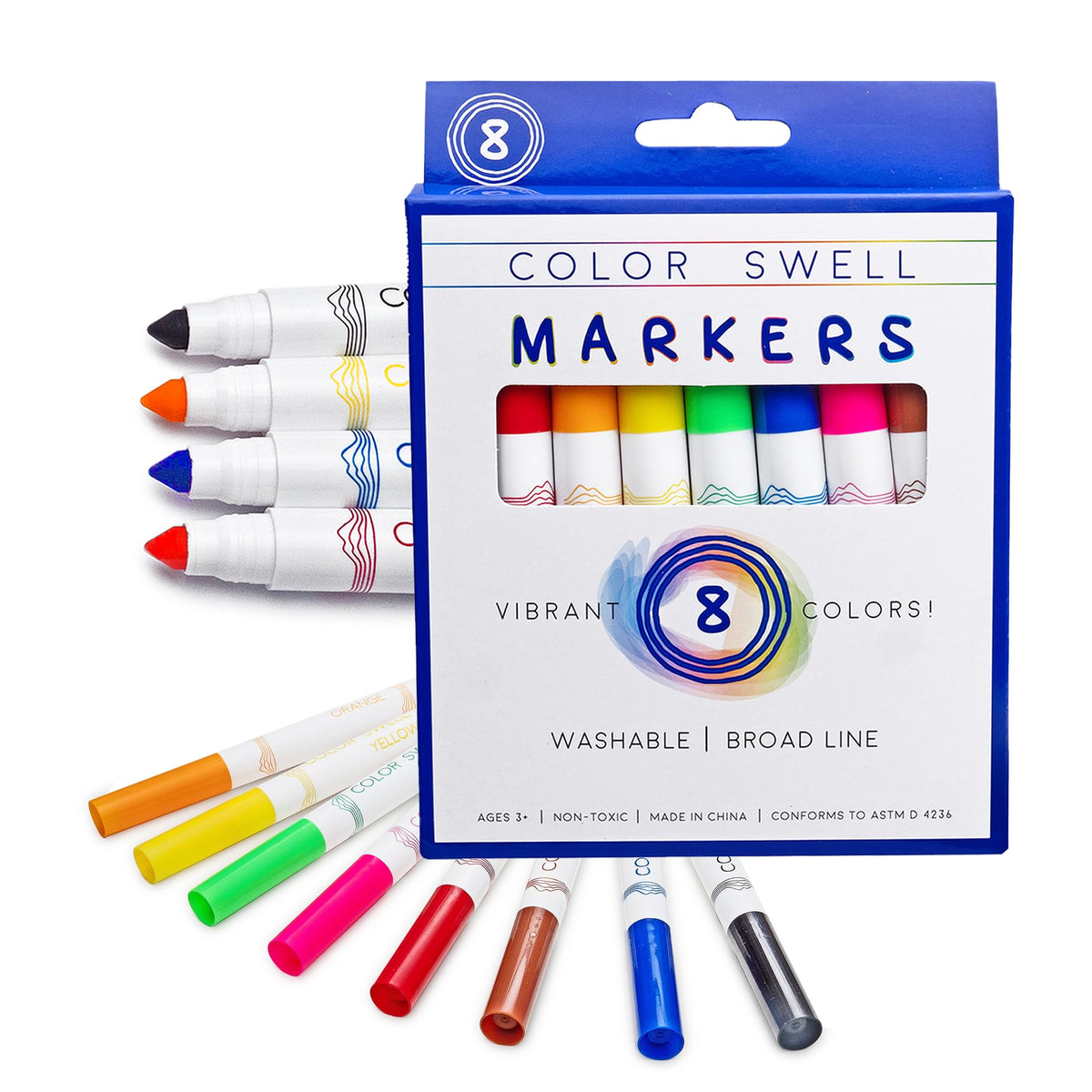 Color Swell 8-pack broad line markers in box for classroom creativity and easy access.