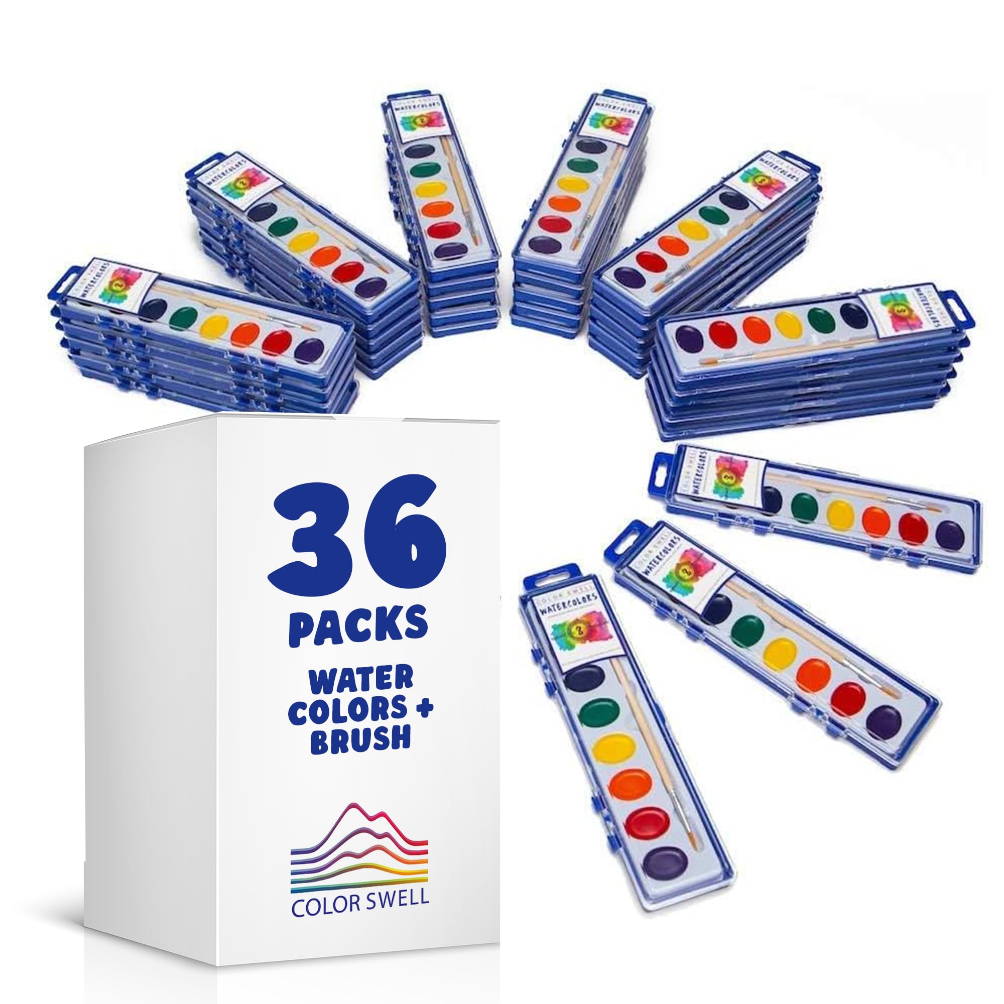 Color Swell bulk watercolor set with case and wood brushes for classroom art projects.