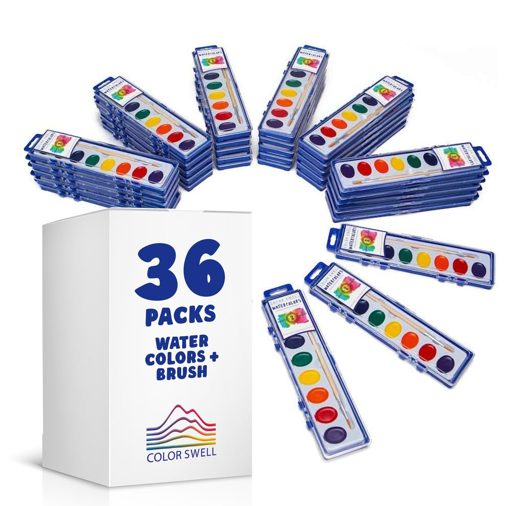 Color Swell bulk watercolor set with case and wood brushes for classroom art projects.