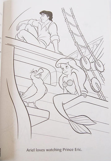 Close-up of inside pages with Ariel designs for coloring fun