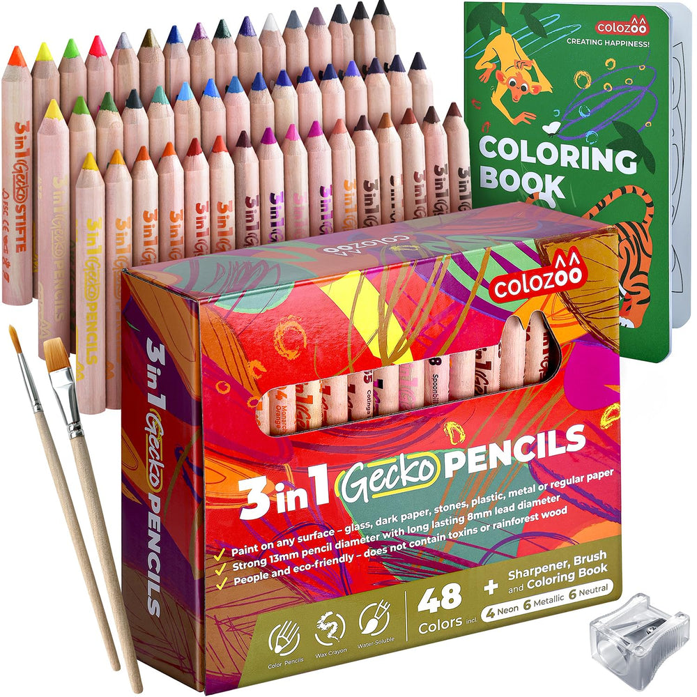Colozoo Gecko 3-in-1 with 48 pencils ready for young artists to sketch.