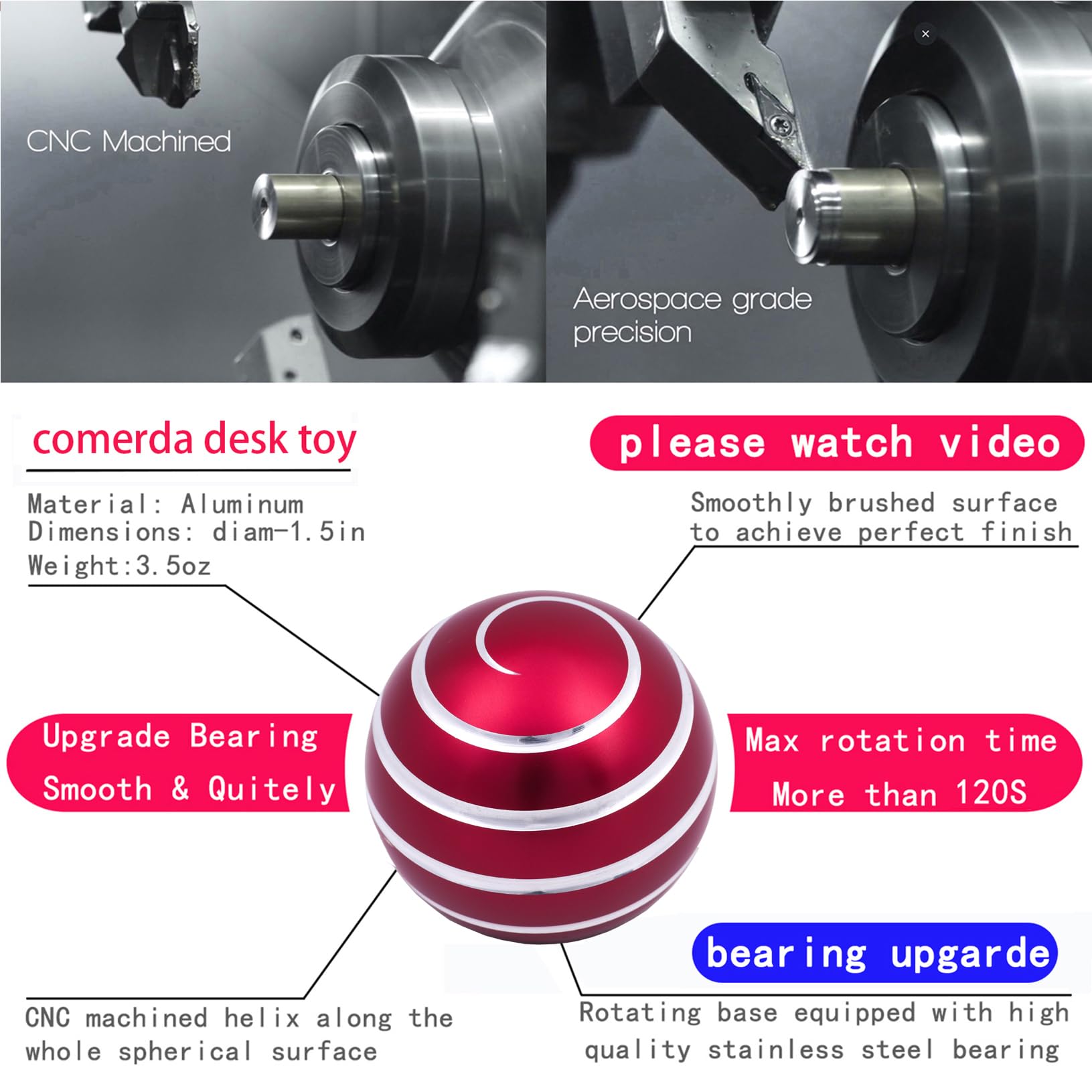 Comerda metal CNC desk toy with silent, long spin.