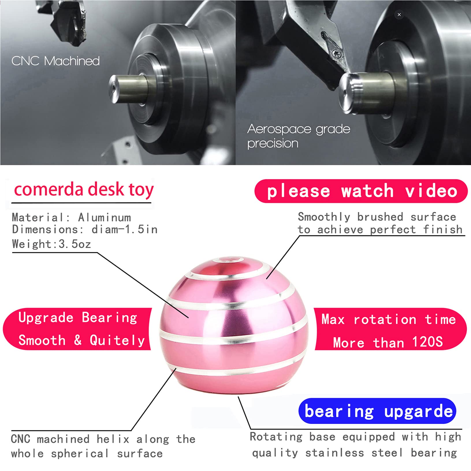 Comerda metal desk toy with threaded grooves for smooth long spin.
