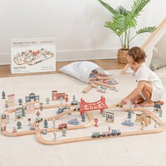 Comfy Cubs 100-piece train set tracks, showcasing an inviting wooden layout for toddlers