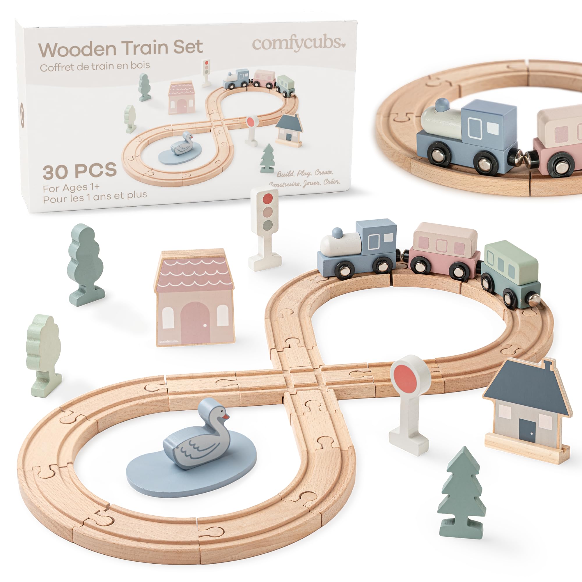 Comfy Cubs 30-piece wooden train set with tracks sparks imaginative play and motor skills development.