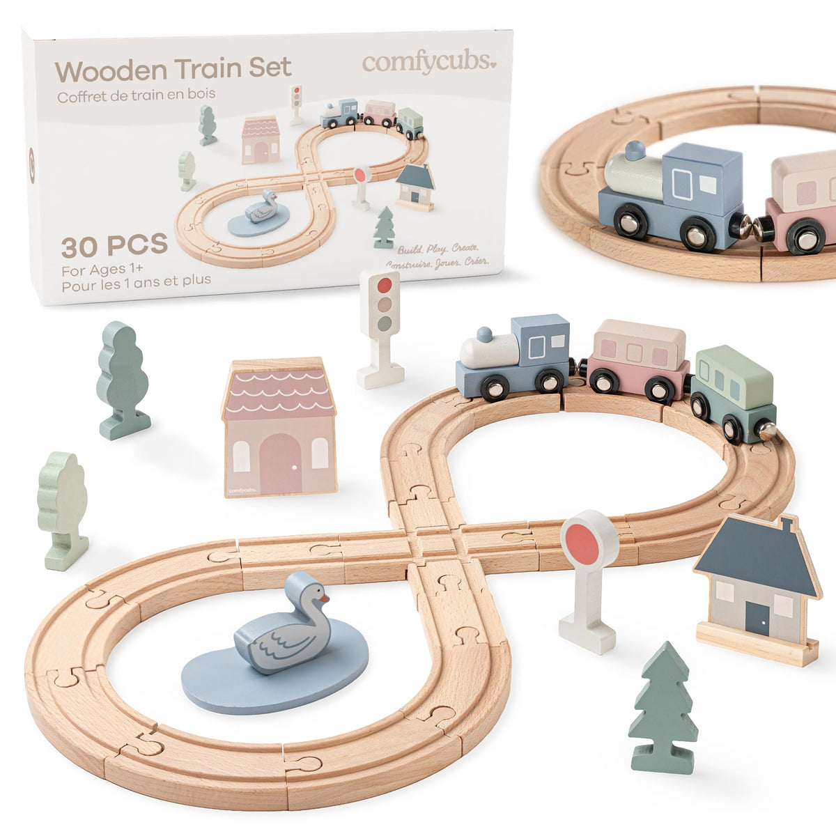 Comfy Cubs 30-piece wooden train set with tracks sparks imaginative play and motor skills development.