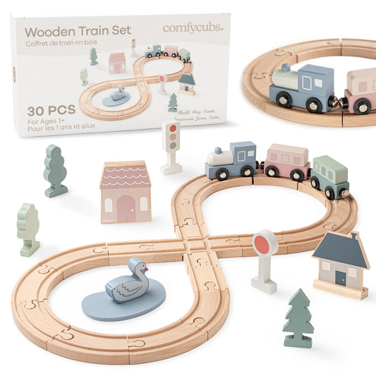 Comfy Cubs 30-piece wooden train set with tracks sparks imaginative play and motor skills development.