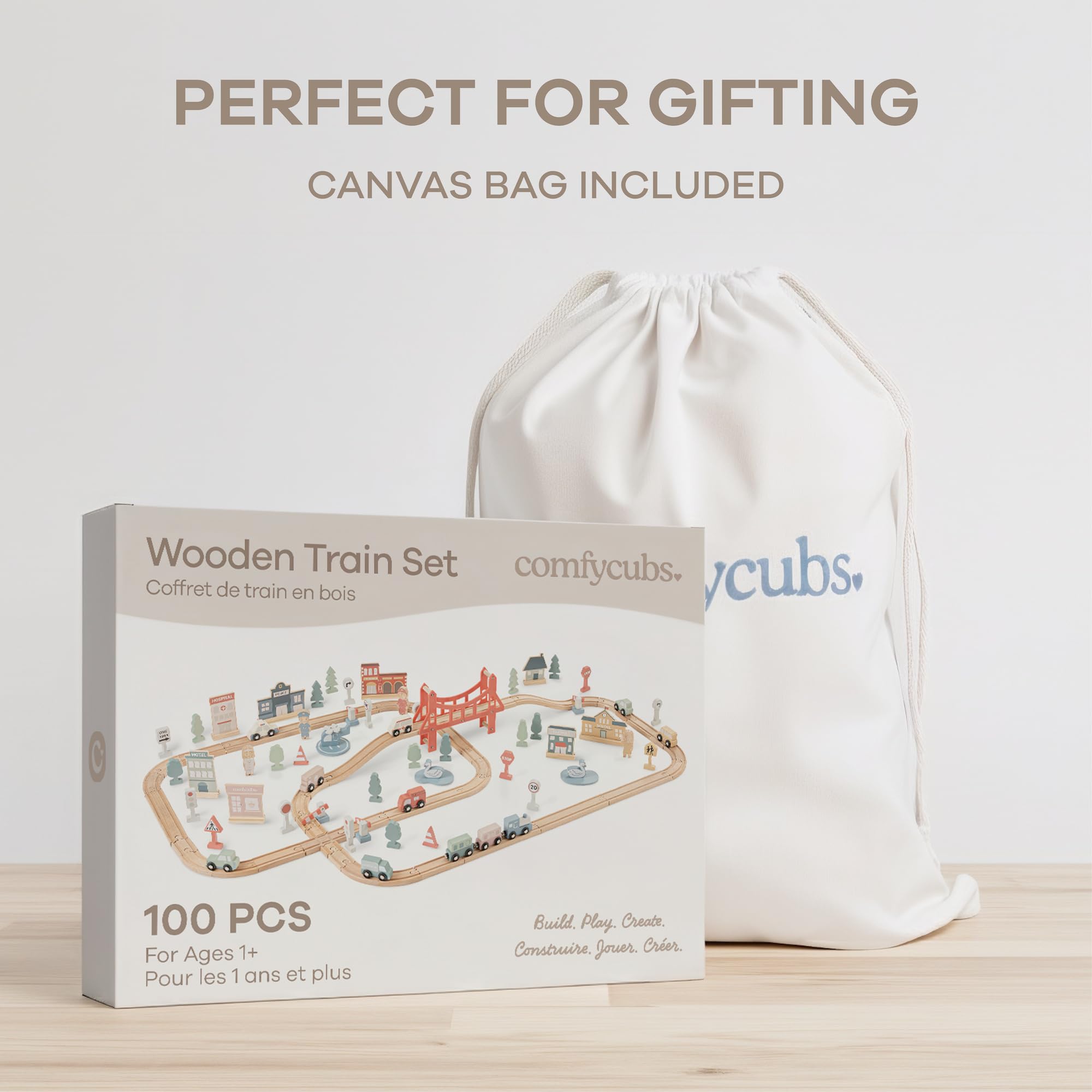 Close-up of smooth wood grain on Comfy Cubs train pieces for tiny hands